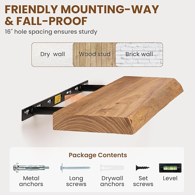 55 Inch Long Floating Shelves for Wall, Live Edge Floating Shelf Wall-Mounted for Bedroom Kitchen Living Room, Real Solid Elm Wood Wall Shelf with Heavy-Duty Bracket for Books Decor Storage, Natural