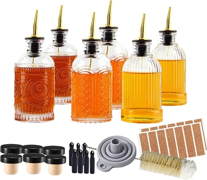 Simple Syrup Bottles Set of 6, Glass Coffee Syrup Dispenser Bottles 7 OZ With Metal Pour Spout, Labels and Stopper, Glass Syrup Dispenser for Maple Honey Syrup Oil and Sauces, SC060