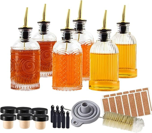 Simple Syrup Bottles Set of 6, Glass Coffee Syrup Dispenser Bottles 7 OZ With Metal Pour Spout, Labels and Stopper, Glass Syrup Dispenser for Maple Honey Syrup Oil and Sauces, SC060