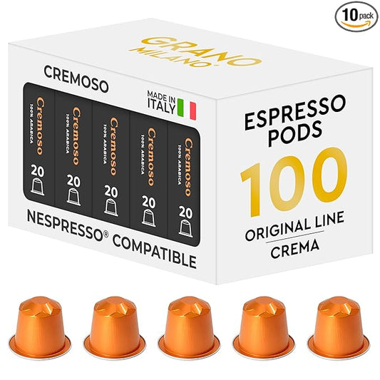 Grano Milano Cremoso Coffee Capsules - 100 Aluminum Coffee Pods Compatible with Nespresso Original line,100% Arabica Medium Roast - Intensity 8/12, Made in Italy