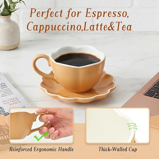 MyBudsBuzz Ceramic Espresso Cups with Saucers 6 oz,Coffe Cups for Cappuccino,Latte,Tea with Saucers Set of 2 - Flower - Caramel Brown