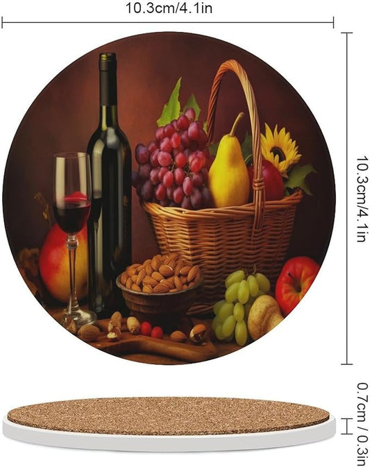 Round-6PCS Red Wine Drink Coasters, Round Modern Ceramic Absorbent Coasters, Retro Red Wine Bottle and Grapes Fruit Basket Pattern Decor Desk Coffee Table Coaster for Beverage Cup Tea Coasters