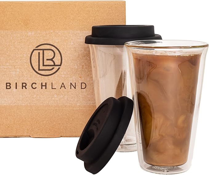2-Pack Insulated Glass Travel Mugs, 12 oz, Double Wall, Reusable Coffee Cups with Lids, BPA Free