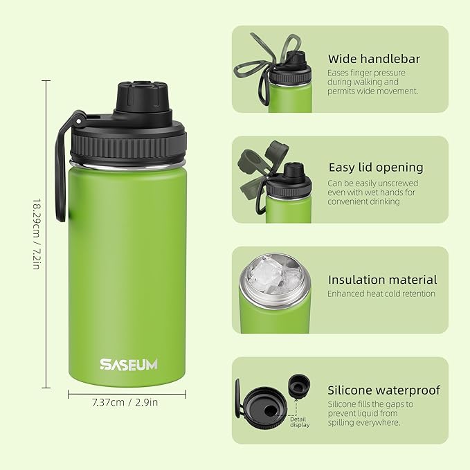 SASEUM Kids Sport Water Bottle 12oz Stainless Steel Double Wall Vacuum Thermal Mug with Leak Proof Spout Lids, Wide Mouth Metal Insulated Water Jug for Gym and Travel（Apple Green）