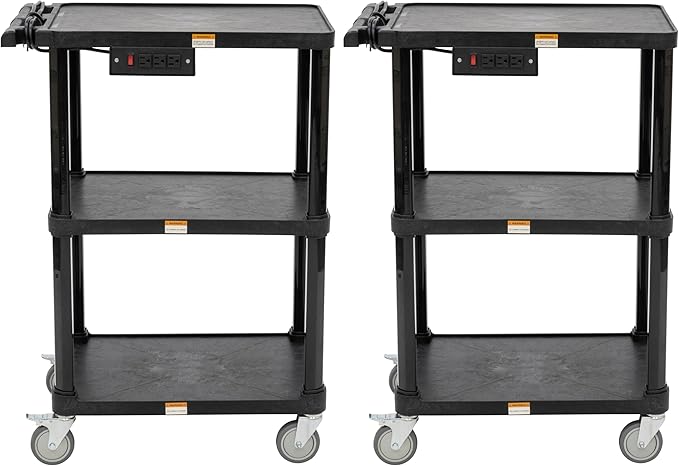 Pearington 3-Shelf Mobile Utility Cart with 3 Outlets and 8' Cord, Heavy-Duty Service Cart for Offices and Warehouses with 3 Shelves, Black, 2 Pack