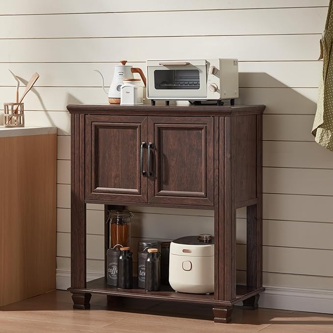Farmhouse Coffee Bar Table with 2-Door Cabinet, Kitchen Storage Cabinets with Open Shelf, Coffee Station for Dining Room, Kitchen, Hallway, Living Room, Walnut