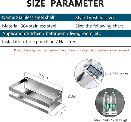 Rustproof Metal Storage Floating Shelves Wall Mounted Rectangular Shelf for Bedroom,Bathroom, Living Room, Kitchen, and Laundry Room,Nail-Free Wall-Mounted Shelves（7.9 Inch Silver）