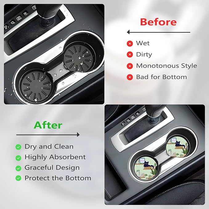 Car Cup Holder Coasters, 2 Pcs Ceramic Coasters with Finger Slot and Cork Back, Anti-Slip Shock Absorbing Women and Men Universal Car Accessories - Bookshelf Cat