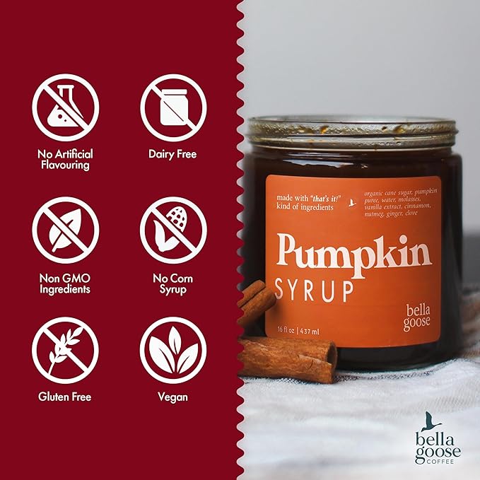 Bella Goose Pumpkin Spice Coffee Syrup Jar (16oz) - Pure Pumpkin Syrup for Lattes, Matcha, Desserts, & Ice Cream - Clean Ingredients - No Artificial Flavors- Syrups for Coffee Drinks, 32 Servings