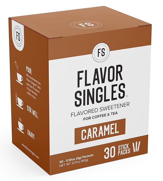 Flavor Singles Caramel Powdered Sweetener Packets for Coffee & Tea, Travel Ready Single-Serve Syrup Alternative, 30 Count (Pack of 1)