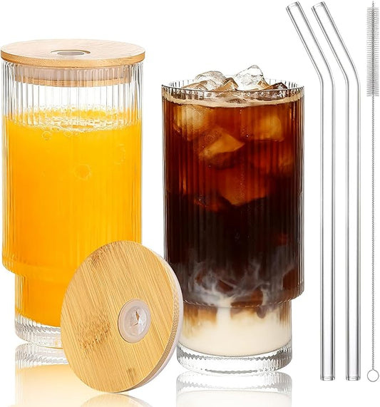 16oz Glass Cups with Lids & Straws - Reusable Iced Coffee Tumblers, Trendy Ribbed Design & Stackable for Iced Coffee/Cold Brew, Perfect for Home/Office by Coffee Lovers & Commuters (16OZ-2PACK)