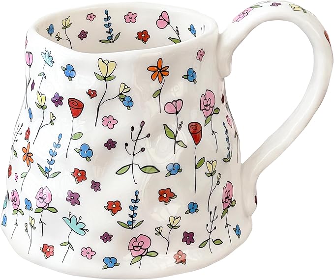 Large Ceramic Coffee Mug Cute Flower with Handmade Big Handle, 20oz Girly Pink Floral Tea Cup for Women Valentine Gift, Novelty Irregular Oversized Christmas Mugs for Latte Tea Milk Cocoa