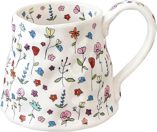 Large Ceramic Coffee Mug Cute Flower with Handmade Big Handle, 20oz Girly Pink Floral Tea Cup for Women Valentine Gift, Novelty Irregular Oversized Christmas Mugs for Latte Tea Milk Cocoa