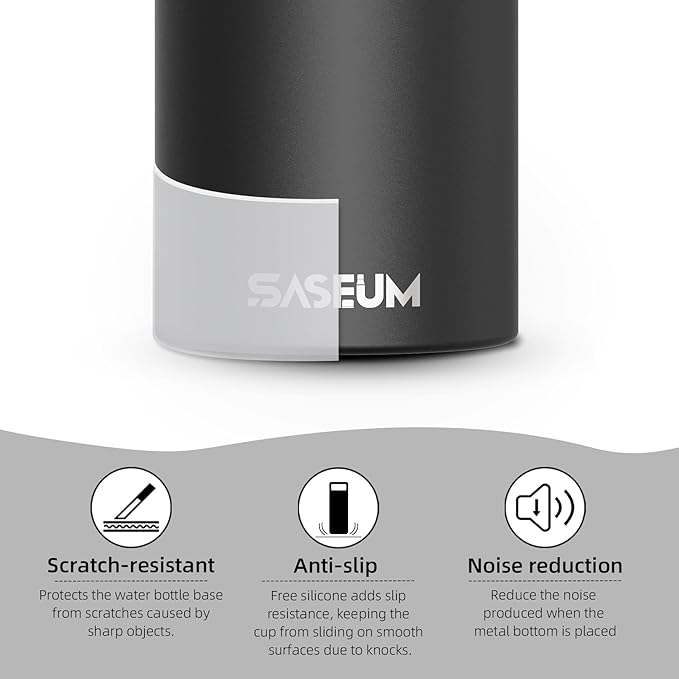 SASEUM Sport Water Bottle 22oz Stainless Steel Double Wall Vacuum Thermal Mug with Leak Proof Spout Lids, Wide Mouth Metal Insulated Water Jug for Gym and Travel（Black）