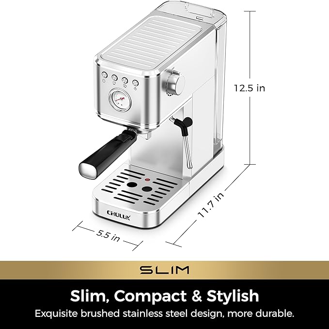 CHULUX Slim Espresso Machine with Milk Frother, 20 Bar Professional Italian Pump Espresso Coffee Machine for Home Cappuccino & Latte Maker, Stainless Steel, Silver