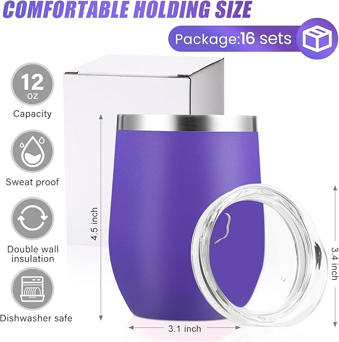 16 Pack Stainless Steel Wine Tumblers 12 oz Insulated Vacuum Wine Cup Set Double Wall Stainless Steel Stemless Mug Glasses for Coffee Soda Whiskey Outdoor Travel (Purple)