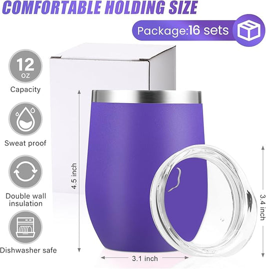 16 Pack Stainless Steel Wine Tumblers 12 oz Insulated Vacuum Wine Cup Set Double Wall Stainless Steel Stemless Mug Glasses for Coffee Soda Whiskey Outdoor Travel (Purple)