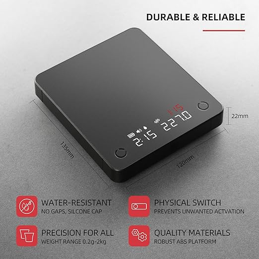 CUFEJORO Portable Coffee Scale,Electronic Digital Espresso Scale with Timer,2kg/0.1g High Precision,USB Type-C Charging,Rechargeable 1800mAh Battery Black