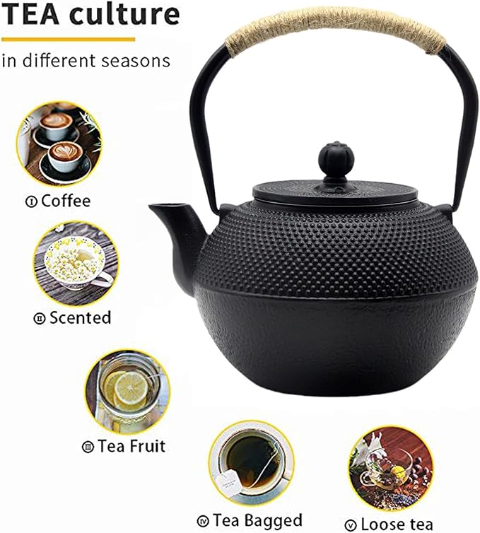 YJX 40.6 fl oz Cast Iron Teapot Set, Japanese Tetsubin Tea Set with Cast Iron Teacups, Small Tea Kettle Set with Strainer for Loose Tea, Enameled Interior (1200ml Tea Set with Cups and Saucers)