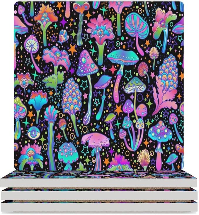 4PCS Botanical Drink Coasters, Square Modern Ceramic Absorbent Coasters,Fantasy Magic Colorful Trippy Botanical Mushrooms Decor Desk Coffee Table Coaster for Beverage Cup Tea Coasters