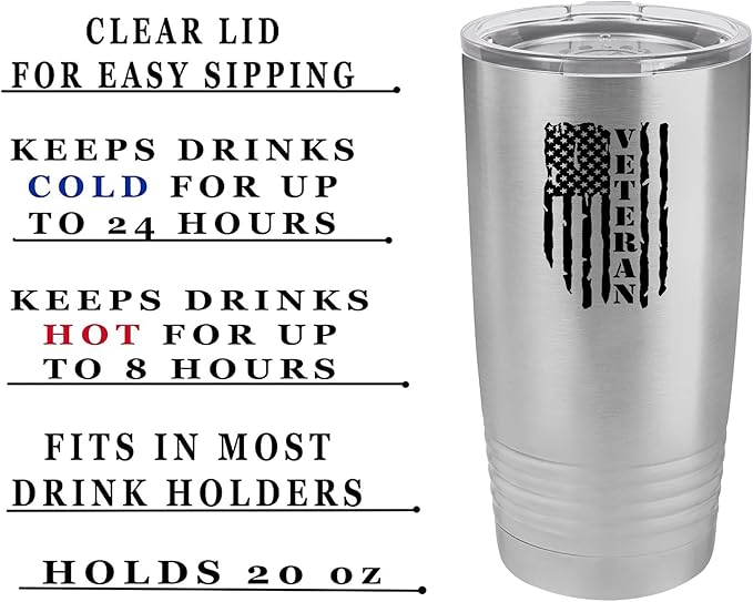 Rogue River Tactical USA Flag Veteran 20 Oz. Travel Tumbler Mug Cup w/Lid Vacuum Insulated Hot or Cold Military Vet Gift (Stainless Steel)