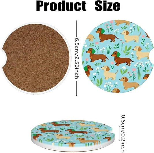 Car Cup Holder Coasters, 2 Pcs Ceramic Coasters with Finger Slot and Cork Back, Anti-Slip Shock Absorbing Women and Men Universal Car Accessories - Lovely Wiener Dog