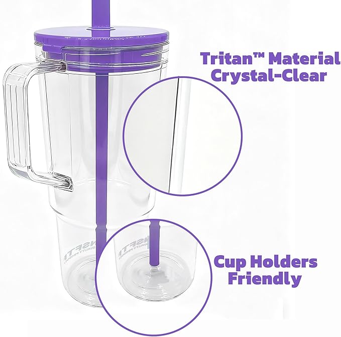 40oz Insulated Clear Tumbler with Handle and Lid & Straw, Reusable Travel Mug for Cold and Hot Drinks, Double-Wall Plastic Water Bottle | Crystal-Clear | Car Cup Holder Fit | Leakproof | BPA-Free