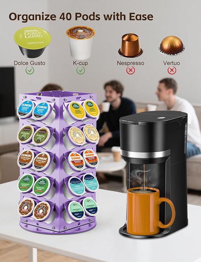 K Cup Holder, Coffee Pod Holder for Keurig - 360° Rotating Aluminum Coffee Organizer for Countertop,Saving Design with Anti-Slip Base for Kitchen or Office,Capacity of 40 Pods,Purple