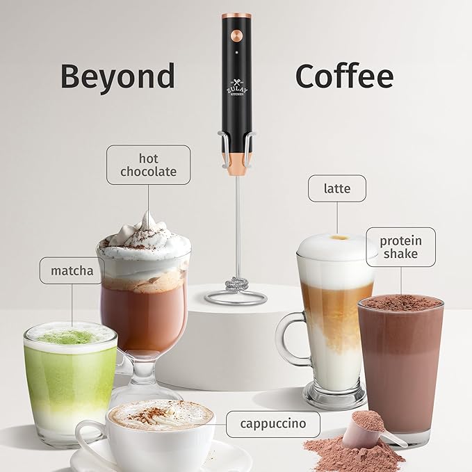 Zulay Kitchen Rechargeable Milk Frother Handheld - Lux 4 Whisks, Powerful 2-Speed Motor, Waterproof, 2000mAh Battery - Drink Mixer for Latte, Cappuccino, Matcha & Protein Powder - Jet Black Copper