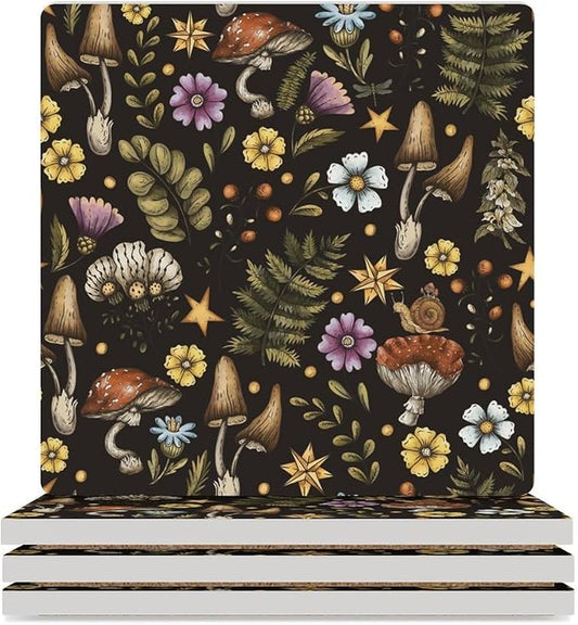 Square-4PCS Botanical Ceramic Coasters, Square Absorbent Drink Coasters, Cartoon Botanical Floral Rustic Plant Leaves Mushroom Ceramic Table Coasters for Coffee, Beverage, Wine, Beer Coasters