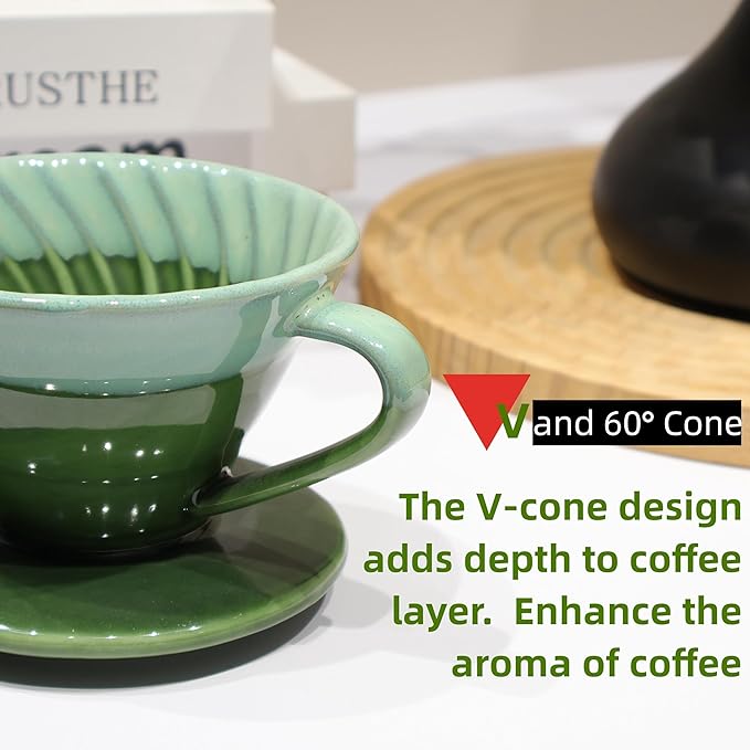 Ceramic Pour Over Coffee Dripper with 50 pcs coffee filters - Portable Drip Coffee Brewer for Travel, Camping, Office or Home - Artisanal Pottery Gift for Enthusiasts