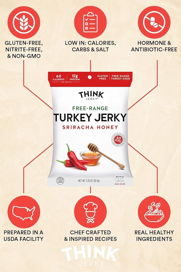 Think Jerky Sriracha Honey Turkey Jerky, High Protein Free-Range Turkey, Gluten Free, No Antibiotics or Nitrates, Healthy Chef Crafted Recipe, Low Calorie and Low Fat - 1.0 oz Bags, 12 Pack