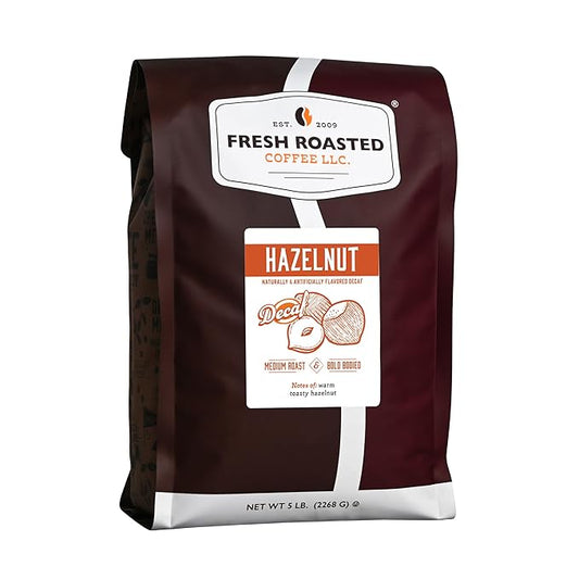 Fresh Roasted Coffee, Decaf Hazelnut Flavored Coffee, 5 lb (80 oz), Medium Roast, Kosher, Whole Bean