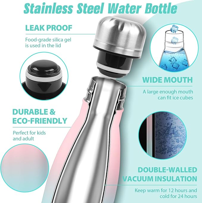 Sfee Insulated Water Bottle, 17 oz Stainless Steel Water Bottles, Double Wall Vacuum Reusable Water Bottles Leak Proof BPA-FREE Sports Bottle Cup Keep Hot&Cold for Running Gym Workout Cycling Kids