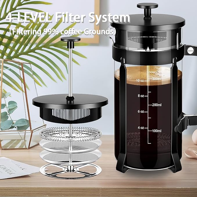 YMMIND French Press Coffee Maker 304 Stainless Steel Coffee Press,with 4 Filters System, Heat Resistant Thickness Borosilicate French Press Glass, BPA-Free Brewed Tea Pot Coffee Plunger(Copper 12oz)
