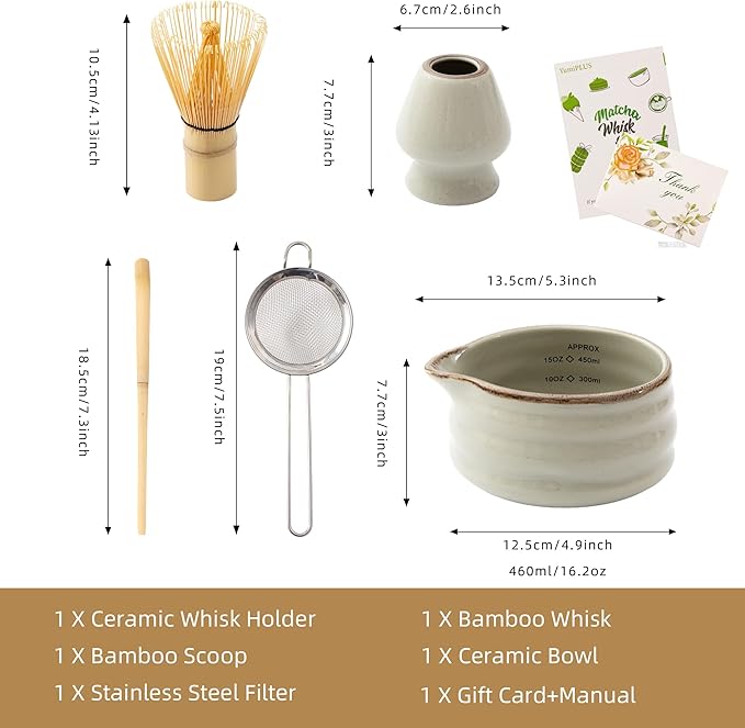 5pcs Premium Matcha Set,Ceramic Bowl with Spout and Bamboo Whisk set, Ceremonical Matcha Kit for breakfast/latte,Tea Starter Making Kit, Unique Christmas/Valentine Gift (Grey)