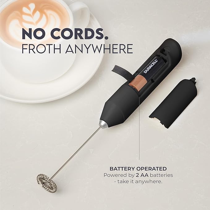 Zulay Kitchen Powerful Milk Frother Handheld with 2 Duracell AA Batteries – Ultra Fast Frother Wand Electric Drink Mixer for Coffee, Lattes, Cappuccinos, Matcha & Hot Chocolate – Portable Foam Maker