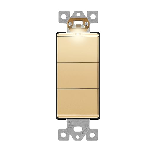 LIDER Minimalist Design Matte Finish Lighted Triple Switch, Combination Frameless Decorator Switch with Locator Light, Ground Terminal, Single Pole, 15A 120-277V, UL Listed, LCS3-1P-GD, Gold