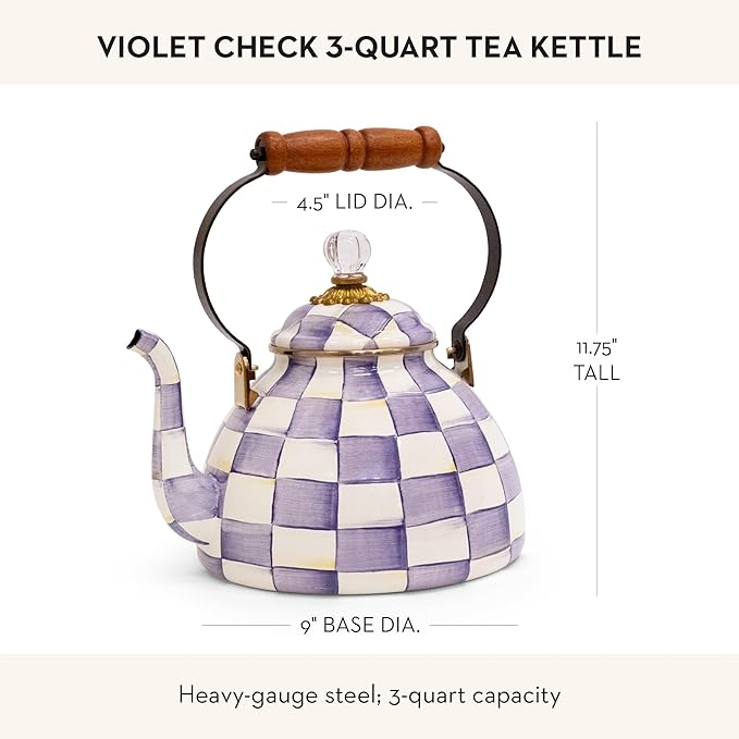 MACKENZIE-CHILDS Enamel Tea Kettle, Decorative Tea Kettle for Stovetop, 3 Quarts, Purple-and-White Violet Check