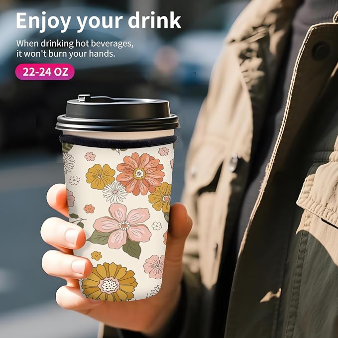 Reusable Neoprene Insulator Sleeve for Iced Coffee Cups, Medium 22-28oz Durable Drink Sleeve for Cold Beverages, Cute Beverage Holder Cup Sleeve for Women Men Cute Pink Floral