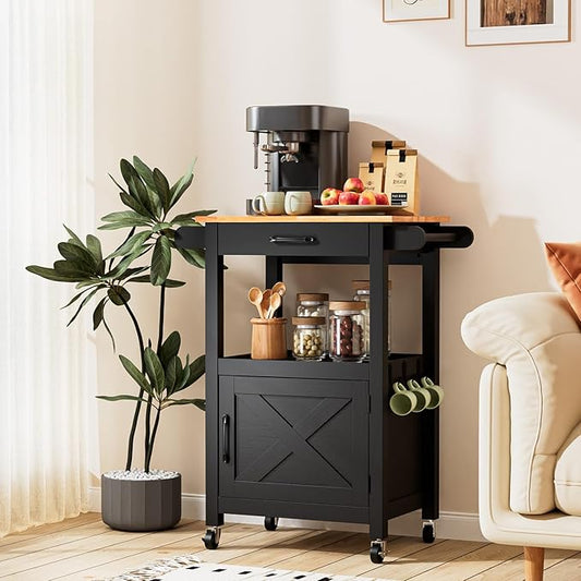 VINGLI Rolling Kitchen Cart with Storage Cabinet & Drawer, Compact Kitchen Island on Swivel Wheels, Small Kitchen Cart with Side Hooks & Towel Rods, Black