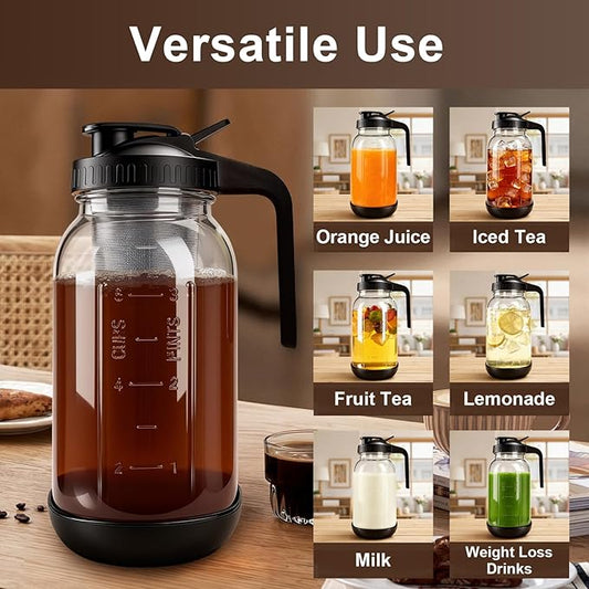RuileMei Cold Brew Coffee Maker,64 oz mason jar pour spout lid, coffee carafe,Refillable Stainless Steel Filter,Non-slip silicone sleeve for glass pitcher, Homemade Beverage