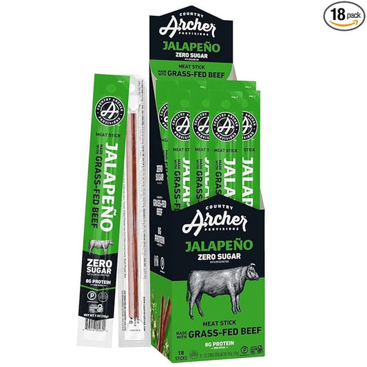 Archer Jerky Beef Jerky Sticks Jalapeno - Grass Fed Beef Sticks Individually Wrapped, Bulk, Protein Snack Packs, Gluten Free, Paleo, Keto, Sugar Free - 1 oz Each (Pack of 18)