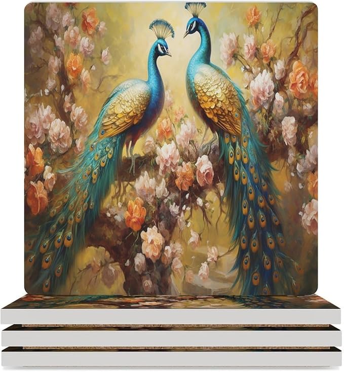 Square-4PCS Peacock Ceramic Coasters, Square Absorbent Drink Coasters, Vintage Art Beautiful Plant Floral Green Peacock Ceramic Table Coasters for Coffee, Beverage, Wine, Beer Coasters