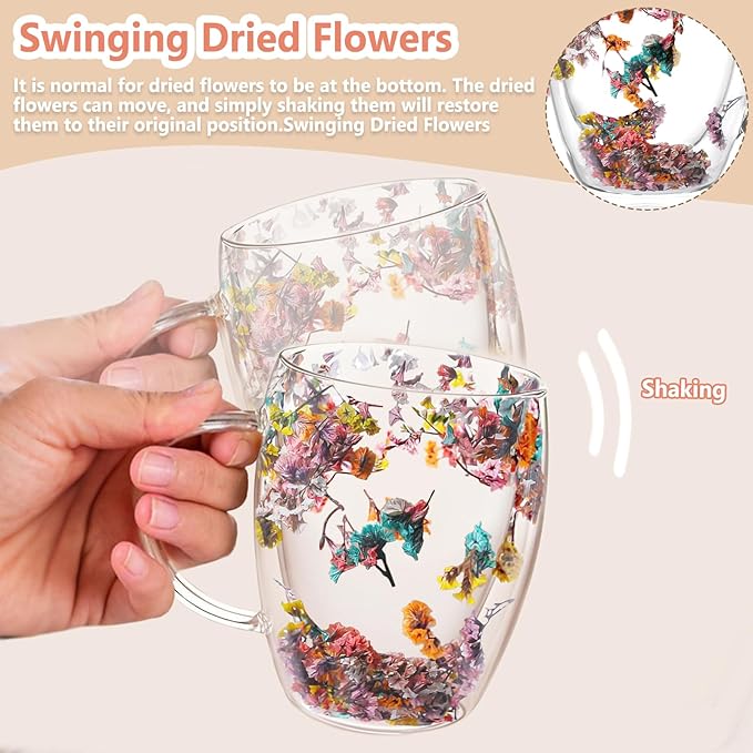Gifts for Women Dried Flowers Double Wall Glass Coffee Mugs Cute Glass Tea Cups with Handles Autumn Mug Christmas Birthday Gifts for Best Friend Teacher Mum Gift New Home Gift Ideas Home Decor