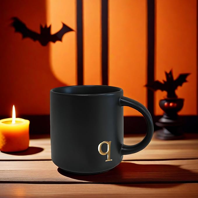 COLLECTIVE HOME - Black Monogram Ceramic Mugs, 15 oz Golden Initial Coffee Cups, Elegant Alphabet Tea Mugs, Personalized Halloween Mug with Gift Box, Perfect for Office and Home Décor (q)