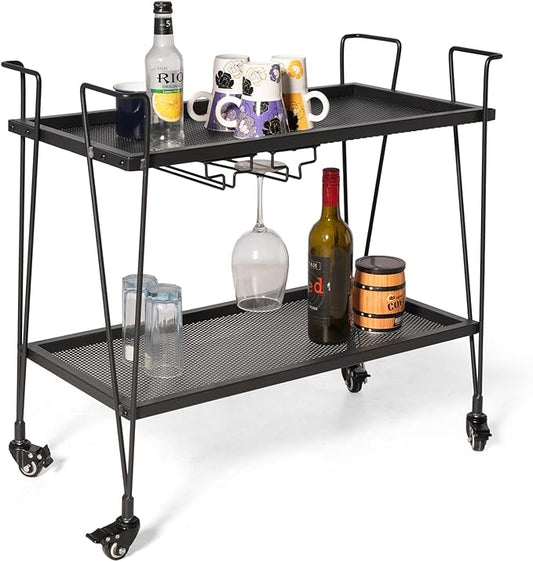 2-Tier Rolling Bar Cart with Wine Glass Rack, Black Metal Mesh Design, Mobile Storage Trolley with 4 Universal Wheels (2 Lockable for Safety), Handle on All Sides, 28.3x14.6x27 Inches