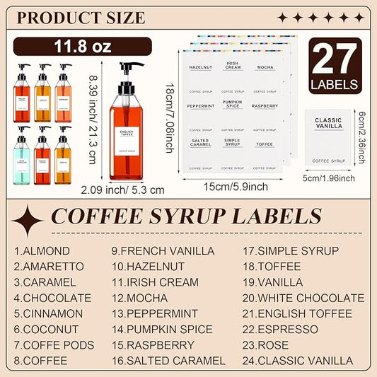 Nuogo 6 Pcs Coffee Syrup Dispenser Bottles Set 750ml, 500ml, 300ml, 150ml PET Black Syrup Bottles with Pump Dispenser 27 Labels for Coffee Bar Kitchen Accessories Portable Travel(11.8 oz,Prismatic)