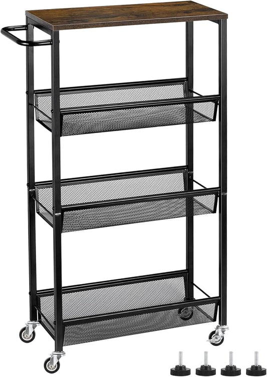 MOOACE Slim Storage Cart, 4 Tier Rolling Kitchen Shelving Unit on Wheels Mobile Narrow Cart with Wooden Tabletop for Bathroom, Laundry Narrow Places, 16.6''x 7.3''x 31.1''inch