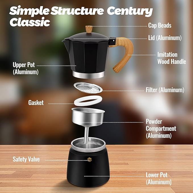 Vaolvpant 3 Cup Aluminum Moka Pot Classic Stovetop Espresso Coffee Maker 150ml 5oz Coffeemaker Percolator Mocha Pot Greca Coffee Maker Cafe Makers for Italian and Cuban Café Brewing Black